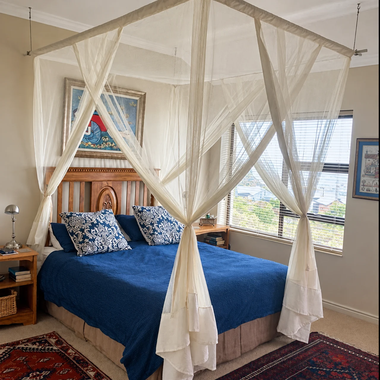 A sleeve-suspended mosquito net over a bed beside open lodge windows.